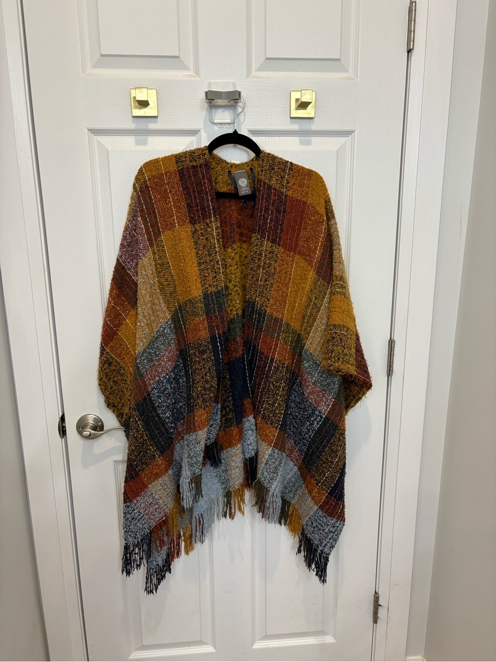 Vince Camuto Cozy Plaid Fringe Poncho - Multi-Color (Mustard, Rust, Gray) #1563